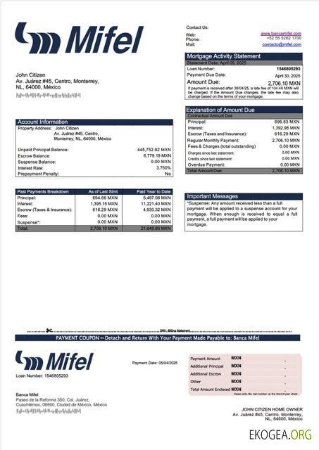 Modèle Word et PDF de relevé hypothécaire de la Banca Mifel au Mexique